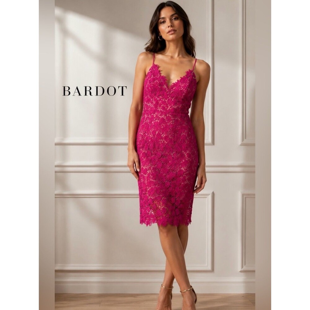 Bardot Fuchsia Floral Lace Midi Dress – Size US 4 | Cocktail, Wedding Guest